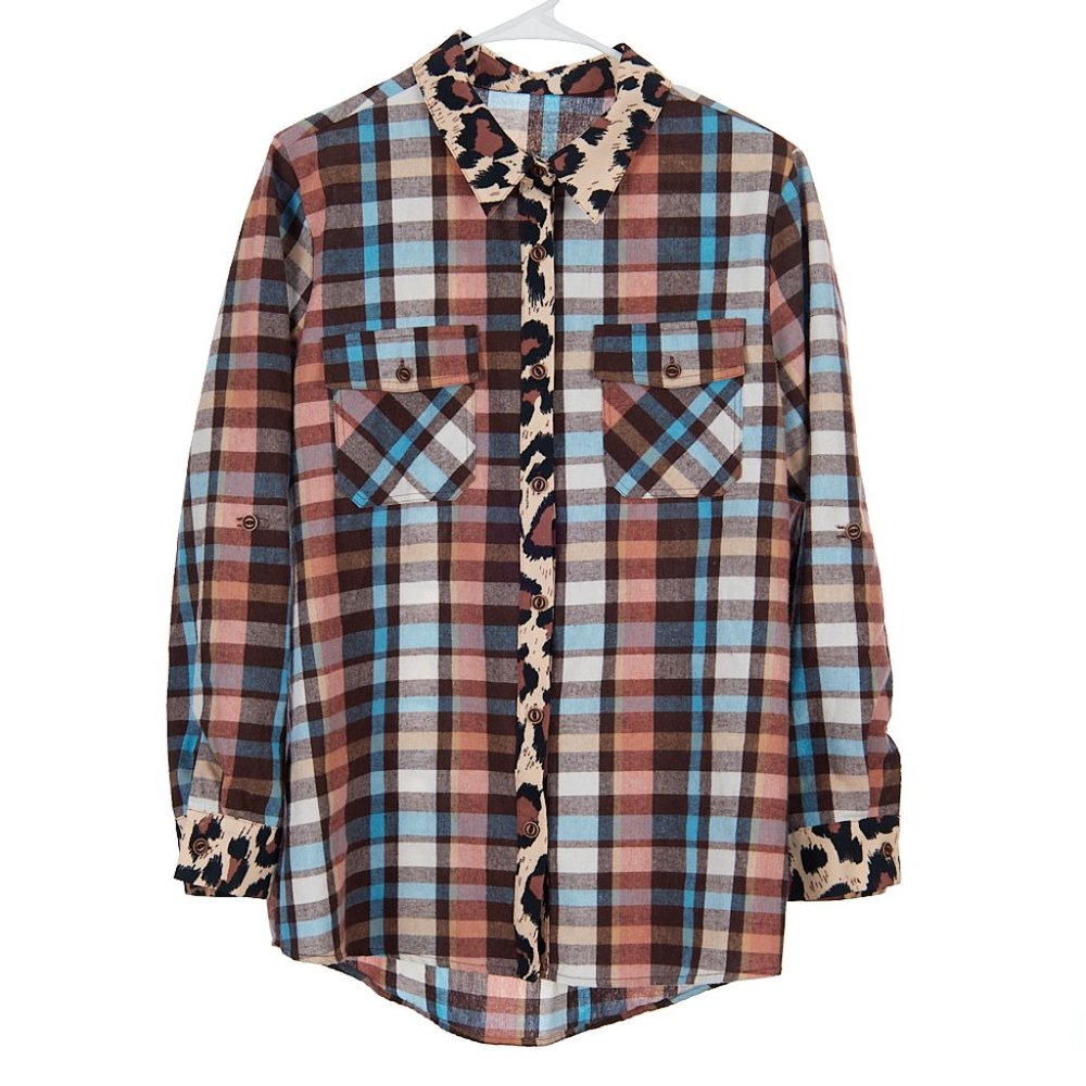 Asvivid Western Leopard Plaid Print Button Front Top Women's Size Large - Picture 2 of 7